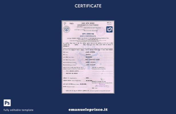 modello di certificato di nascita del governo indiano dell'Uttar Pradesh in stil